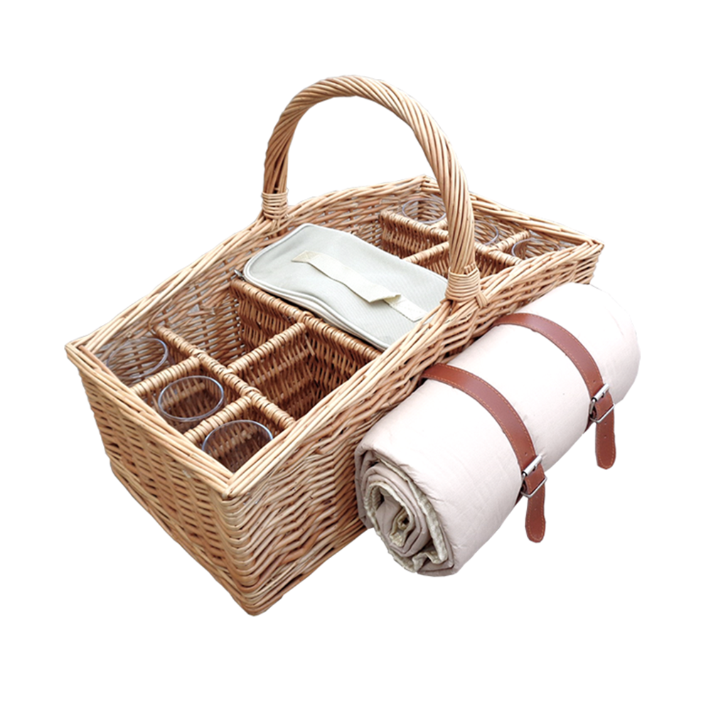 Red Hamper 4 Bottle Wicker Picnic Basket with Glasses and Blanket