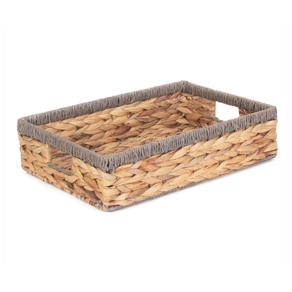 Shallow Rectangular Water Hyacinth With Grey Rope Border Storage Basket