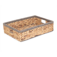 Shallow Rectangular Water Hyacinth With Grey Rope Border Storage Basket