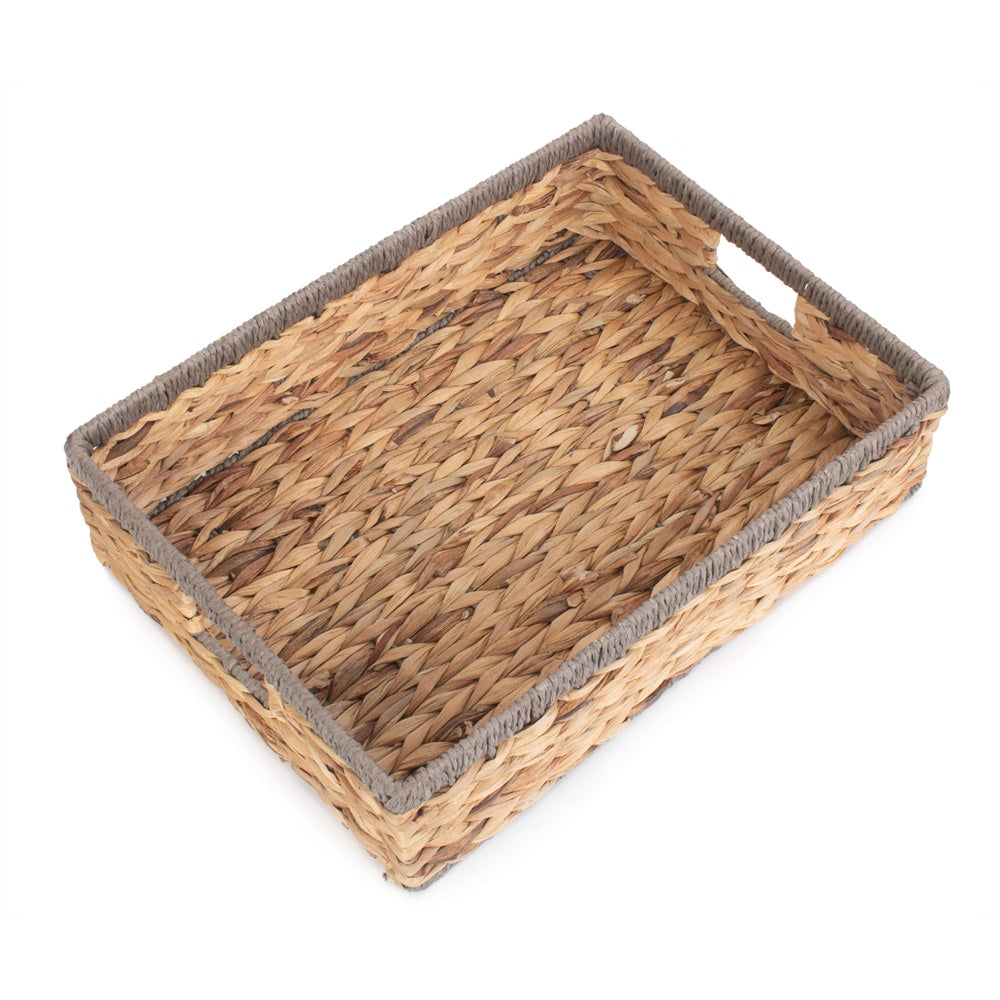 Shallow Rectangular Water Hyacinth With Grey Rope Border Storage Basket