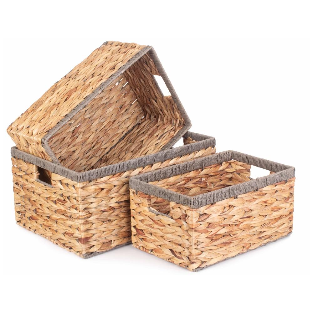 Red Hamper Water Hyacinth With Grey Rope Border Rectangular Storage Basket