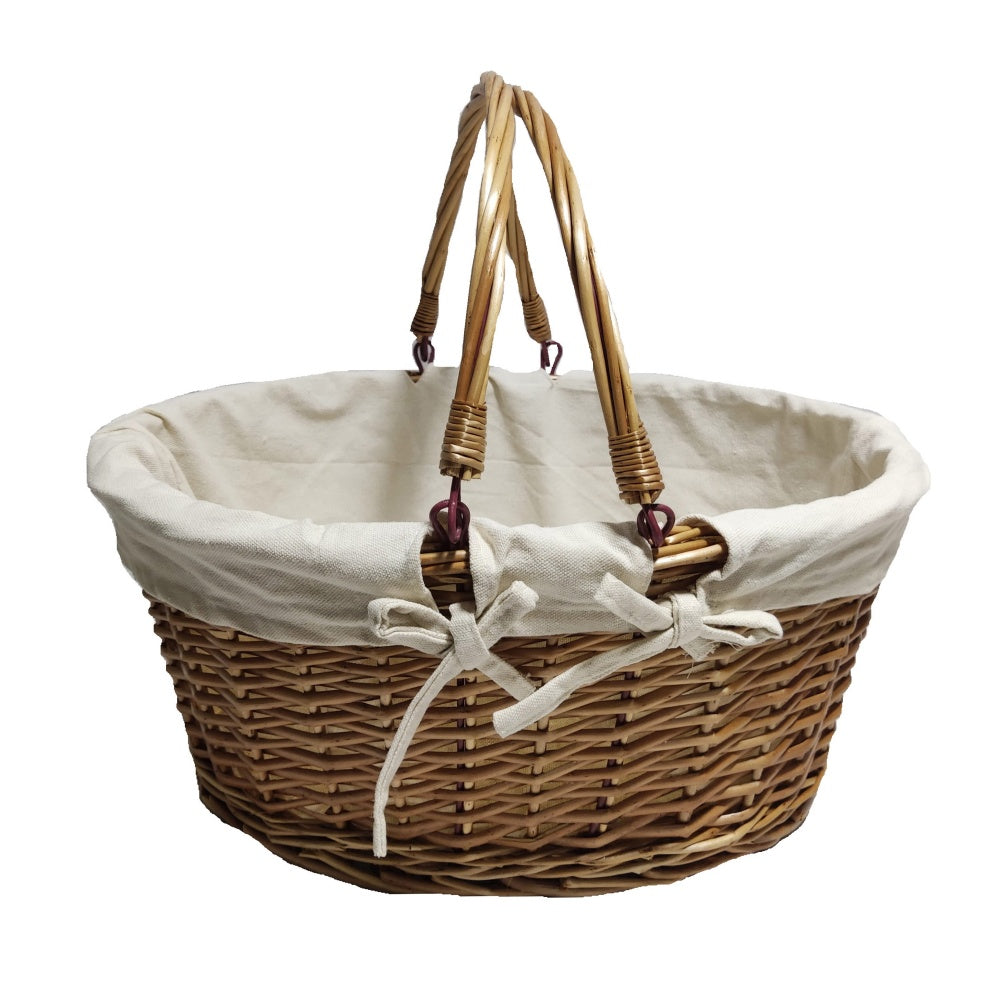 Red Hamper Lined Double Steamed Wicker Shopping Basket With Swing Handles