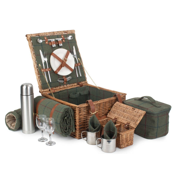 Red Hamper Deluxe Green Tweed 2 Person Fitted Wicker Picnic Basket