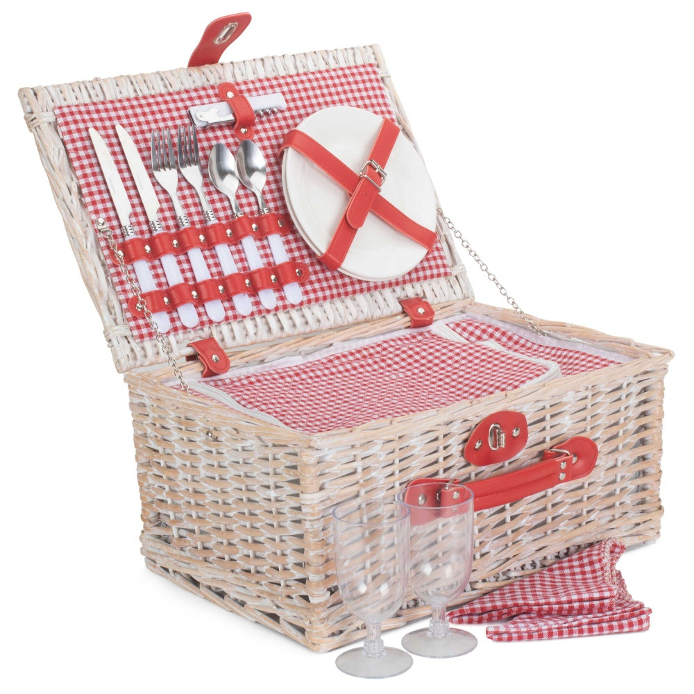 Red and White Gingham 2 Person Fitted Wicker Picnic Basket