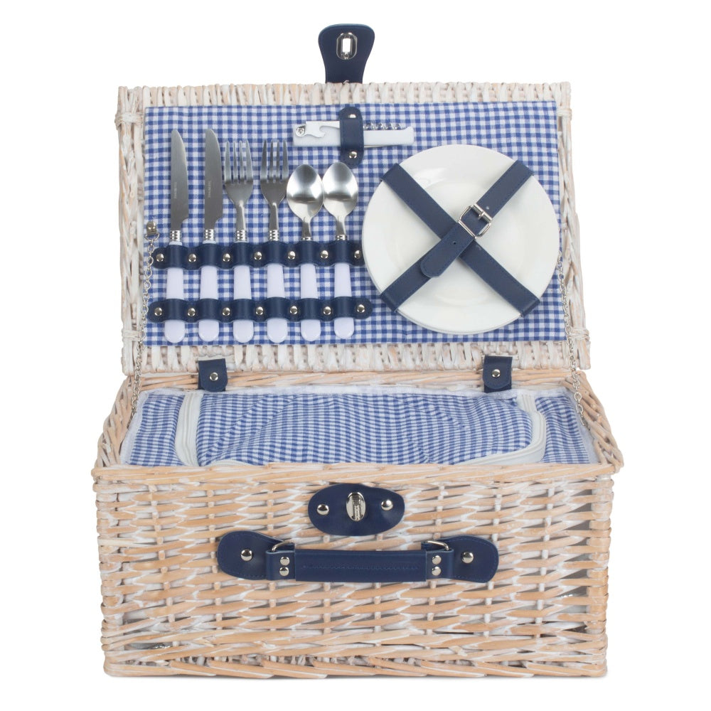 Blue and White Gingham 2 Person Fitted Wicker Picnic Basket