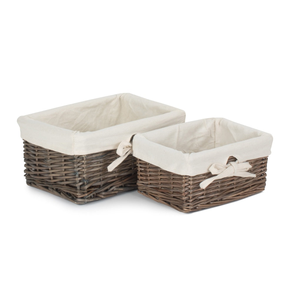 Red Hamper Set of 2 Antique Wash Finish Cotton Lined Willow Tray