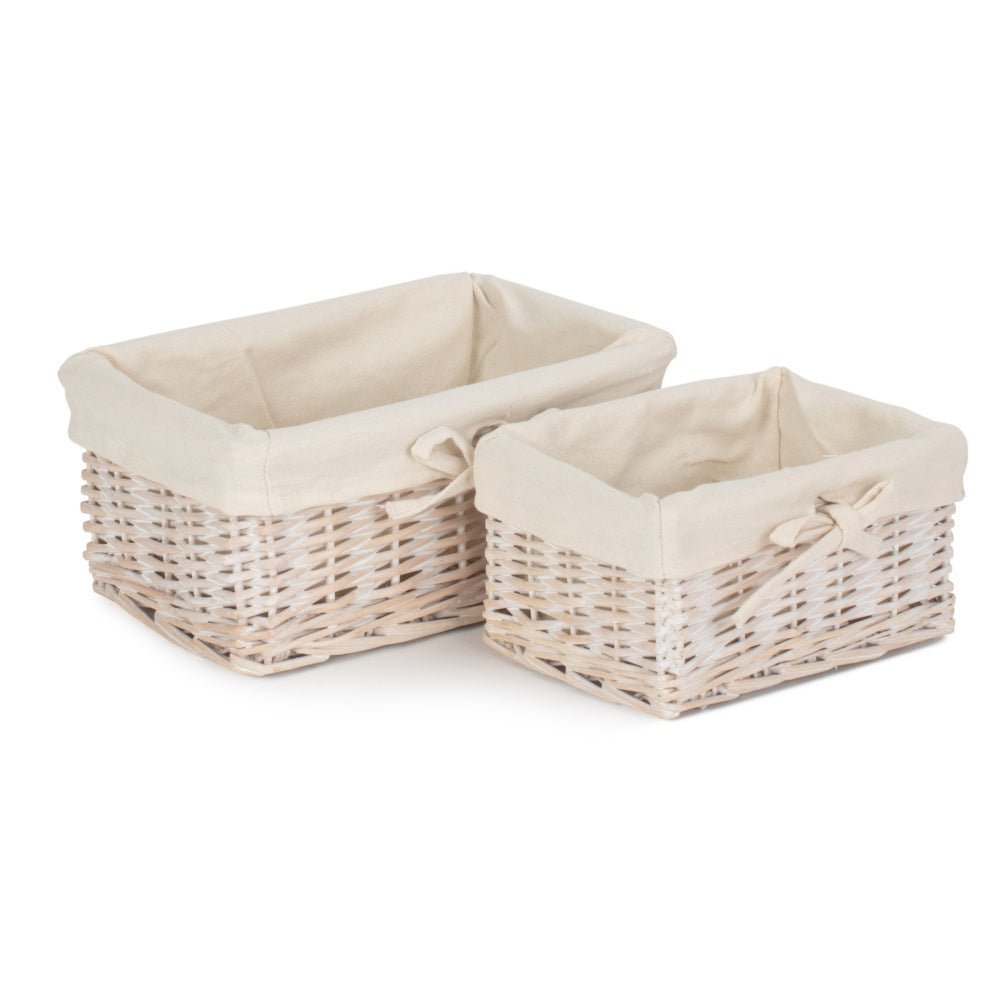 Red Hamper Set of 2 White Wash Finish Cotton Lined Willow Tray